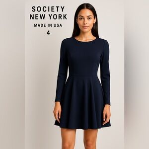 Society New York,Navy, Fit & Flare,Long-Sleeve Dress Made USA,Stretch, Size 4